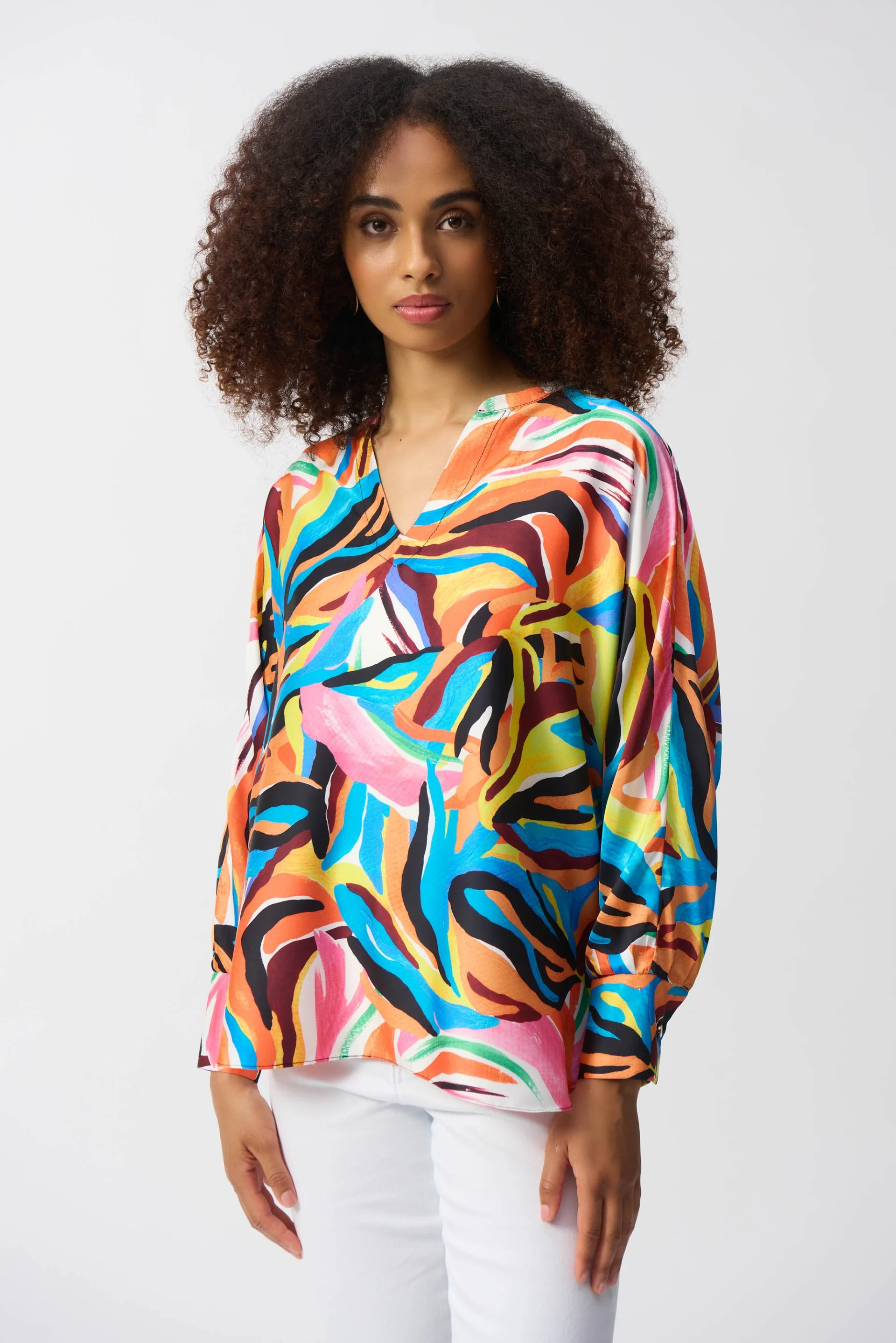 Joseph Ribkoff Vanilla/Multi Satin Abstract Print Boxy Top Style 251122
