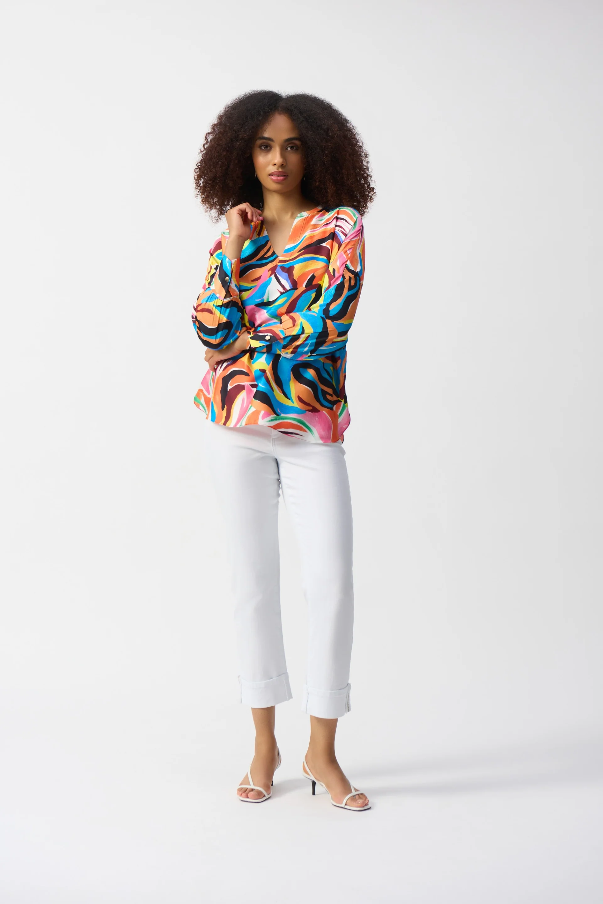 Joseph Ribkoff Vanilla/Multi Satin Abstract Print Boxy Top Style 251122 - Image 4