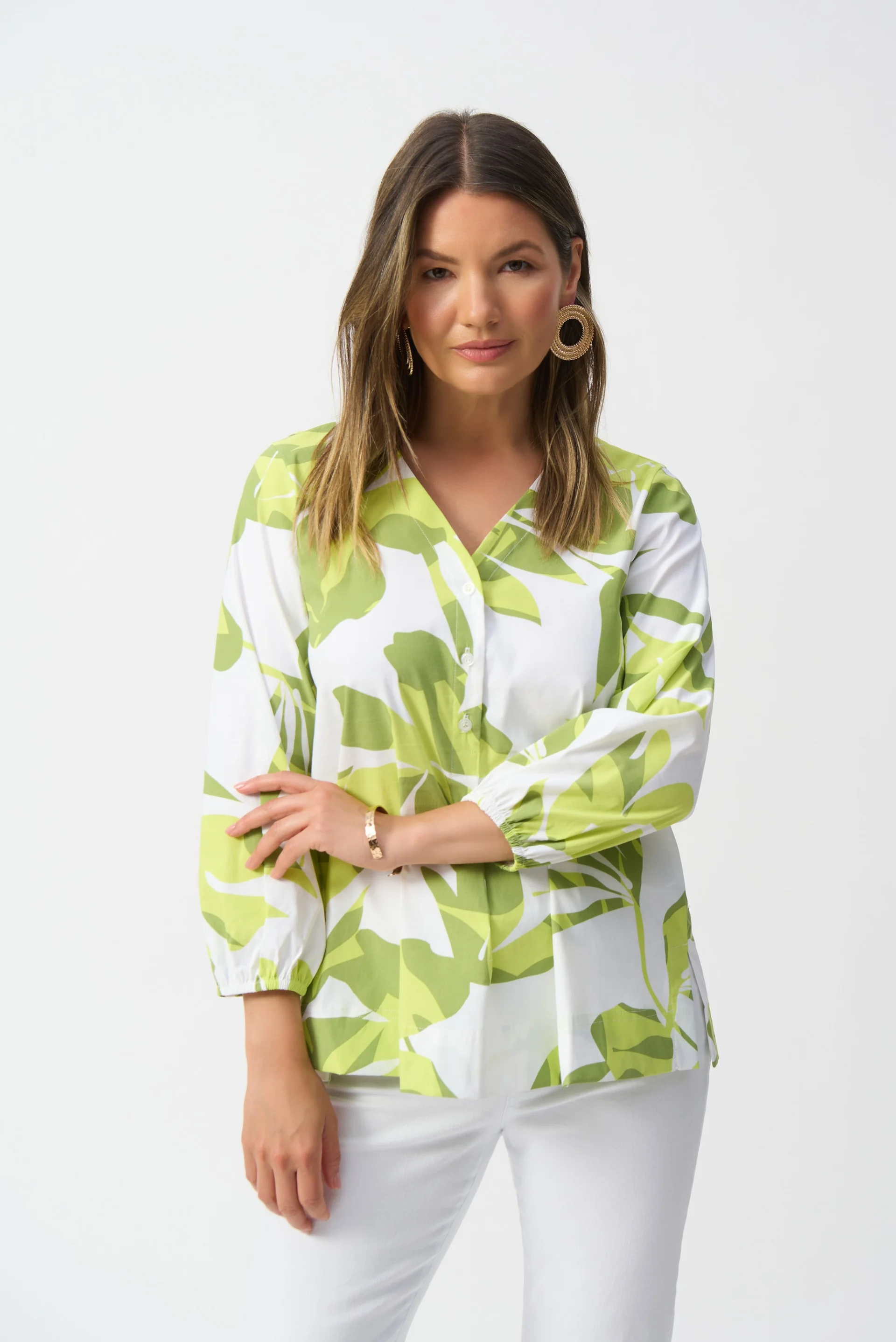 Joseph Ribkoff Vanilla/Multi Stretch Poplin Floral Print Trapeze Top Style 251168