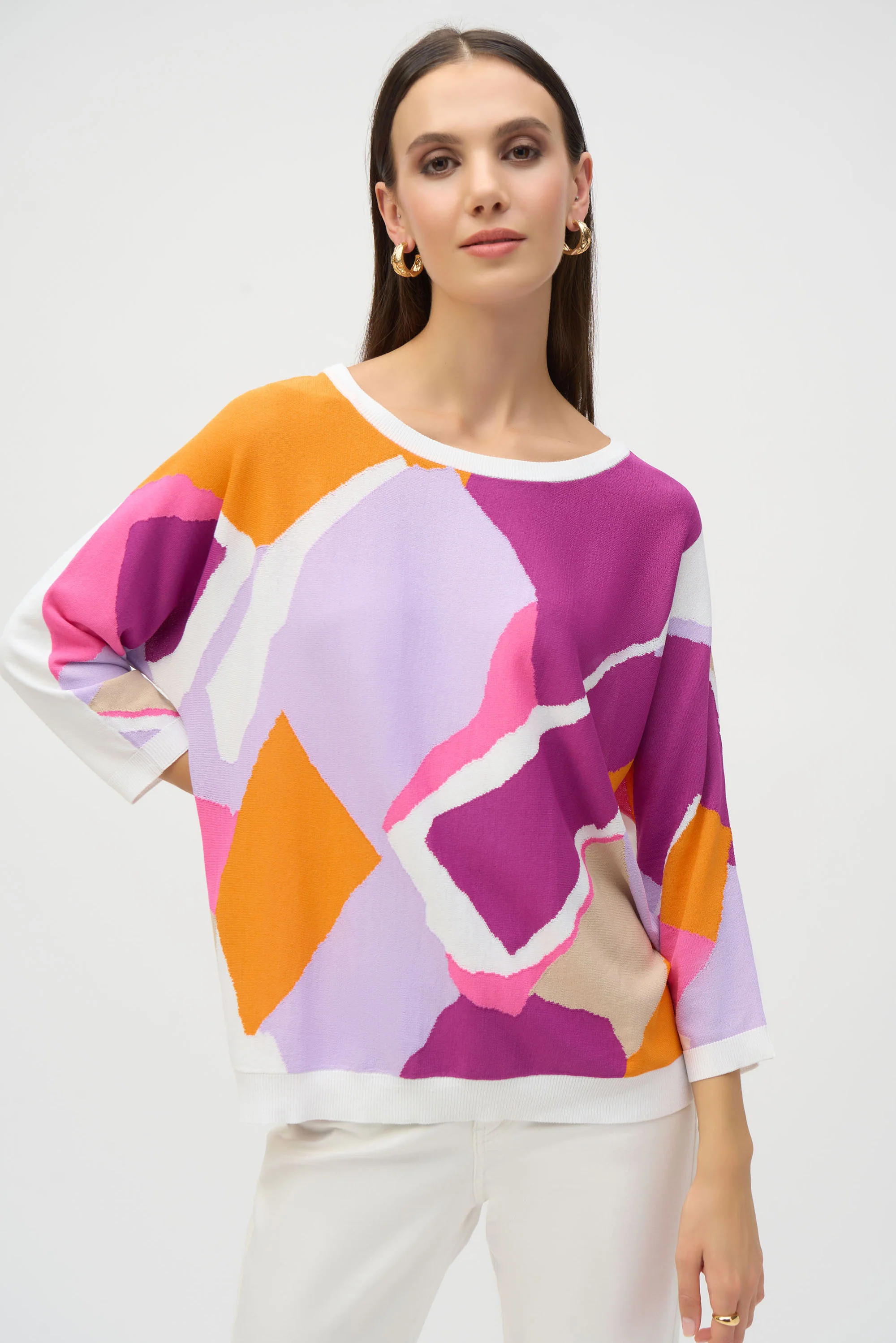 Joseph Ribkoff Vanilla/Multi Sweater Knit Abstract Print Pullover Style 252927