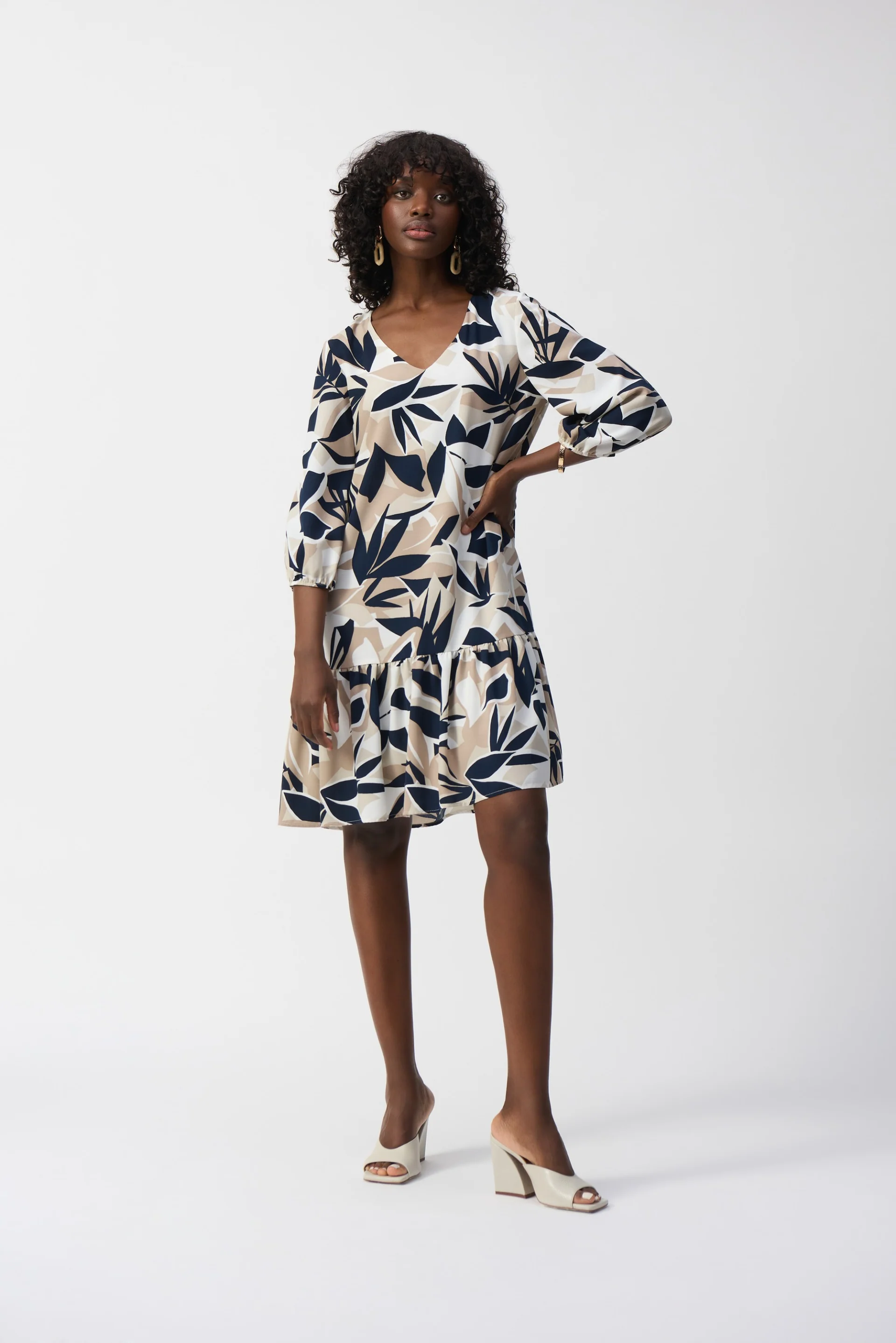 Joseph Ribkoff Vanilla/Multi Tropical Print Trapeze Dress Style 251003 - Image 3