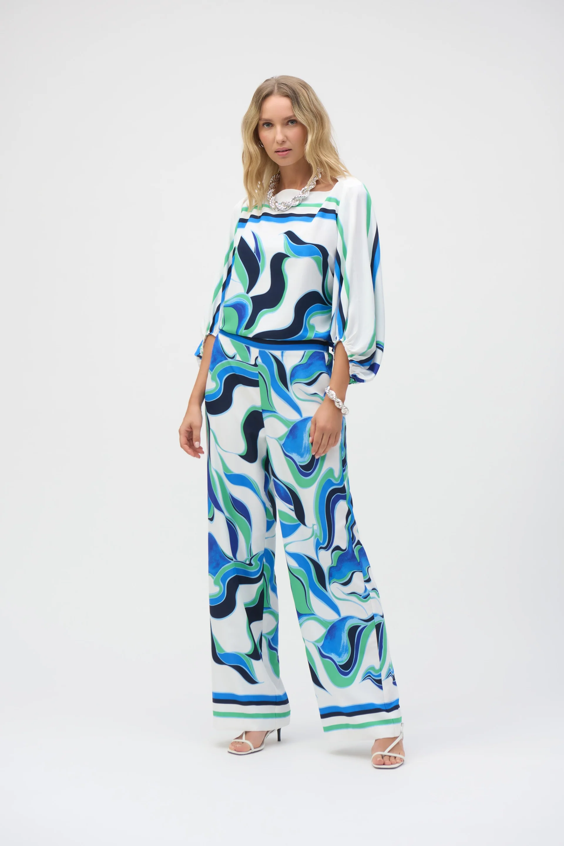 Joseph Ribkoff Vanilla/Multi Woven Abstract Print Wide-Leg Pants Style 252084 - Image 2