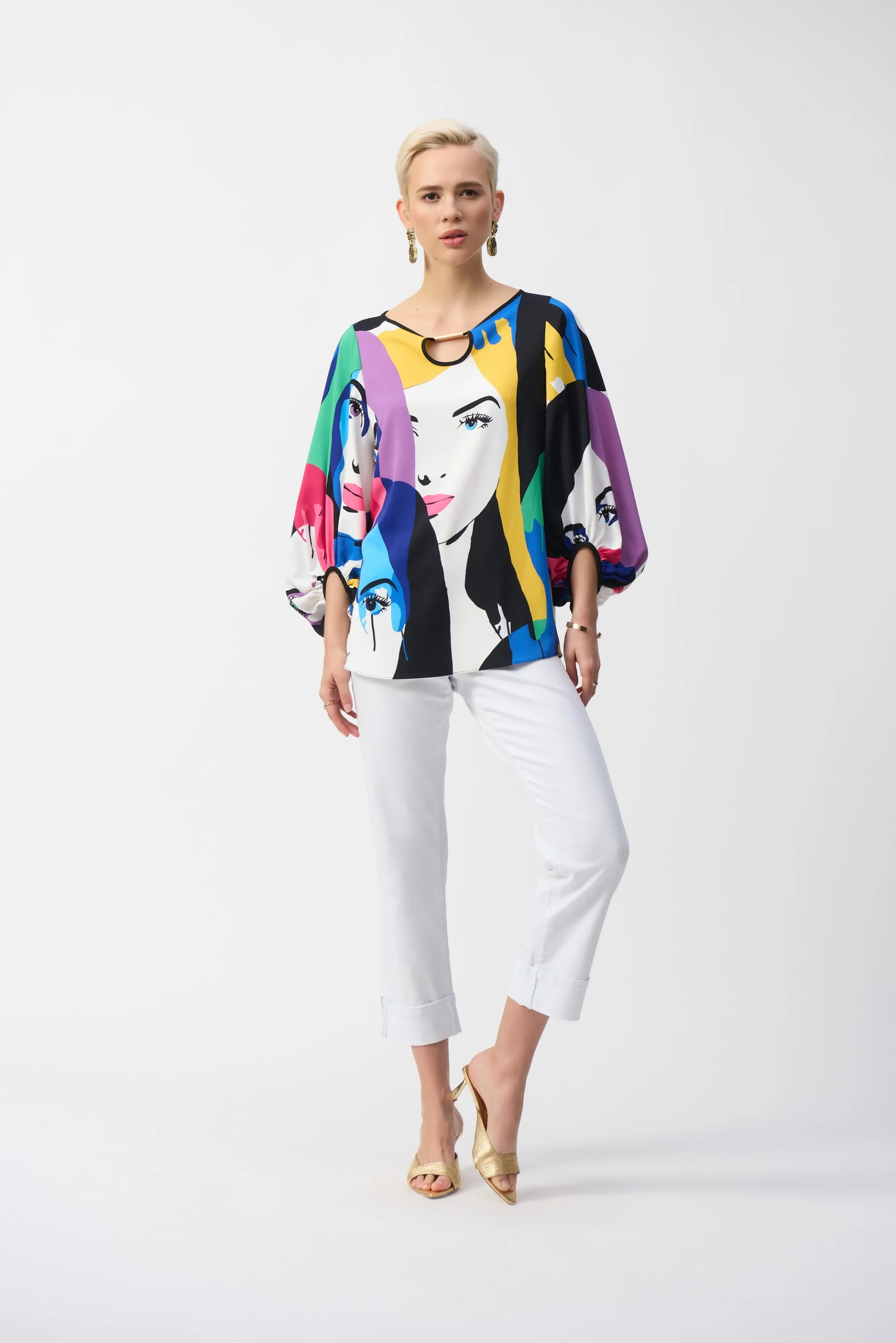 Joseph Ribkoff Vanilla/Multi Woven Face Print Boxy Top Style 251148 - Image 2