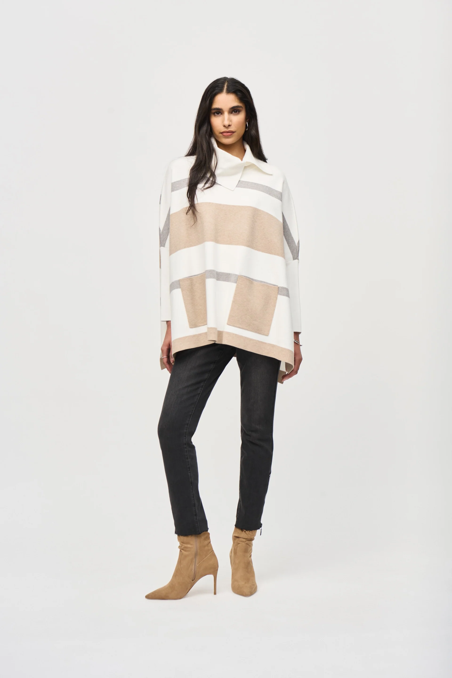 Joseph Ribkoff Vanilla/Oatmeal Melange/Grey Sweater Knit Poncho Style 243951 - Image 3
