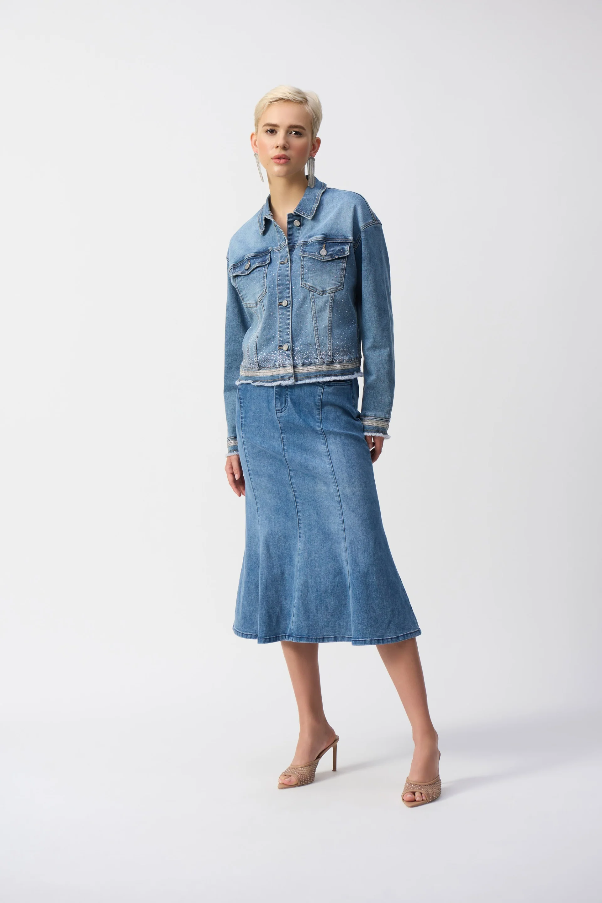 Joseph Ribkoff VIntage Blue Stretch Denim Jacket with Embroidery Style 251953 - Image 3