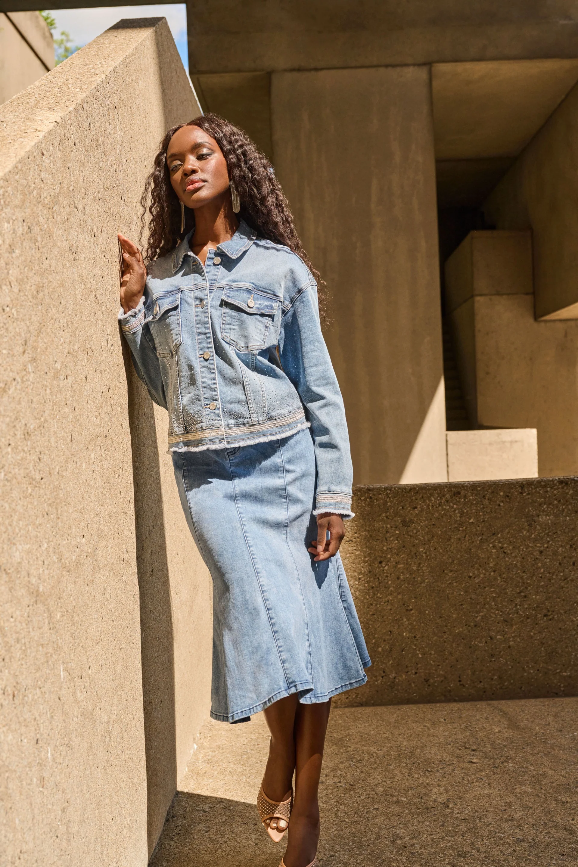 Joseph Ribkoff VIntage Blue Stretch Denim Jacket with Embroidery Style 251953 - Image 4