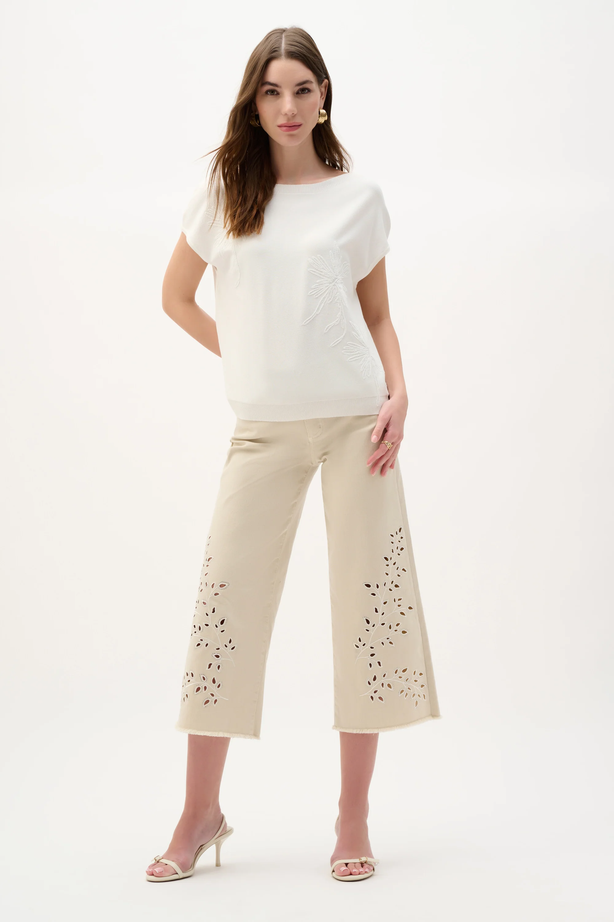 Joseph Ribkoff Viscose Sweater Knit Top With Embroidered Flowers Style 262942