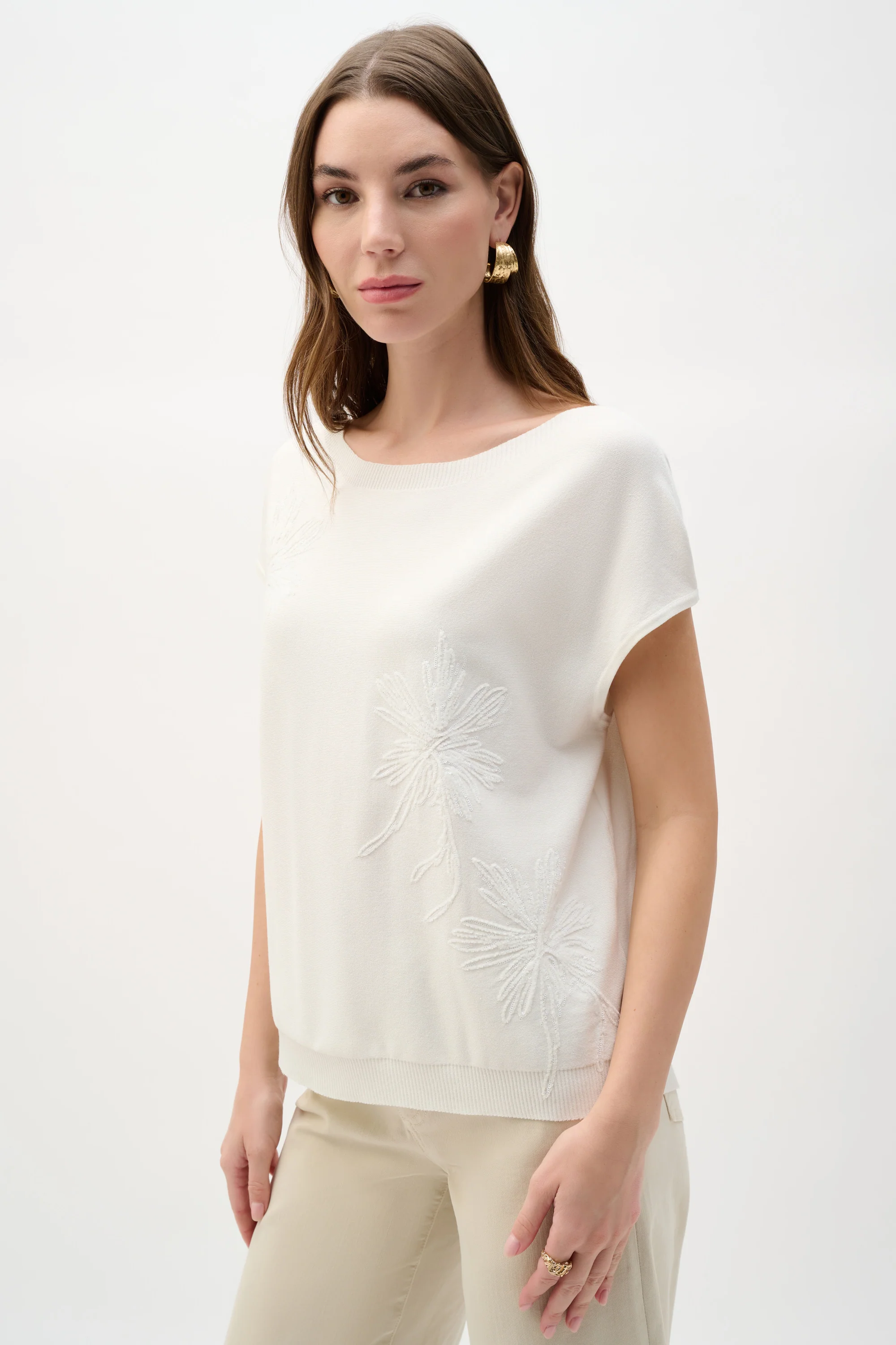 Joseph Ribkoff Viscose Sweater Knit Top With Embroidered Flowers Style 262942 - Image 3