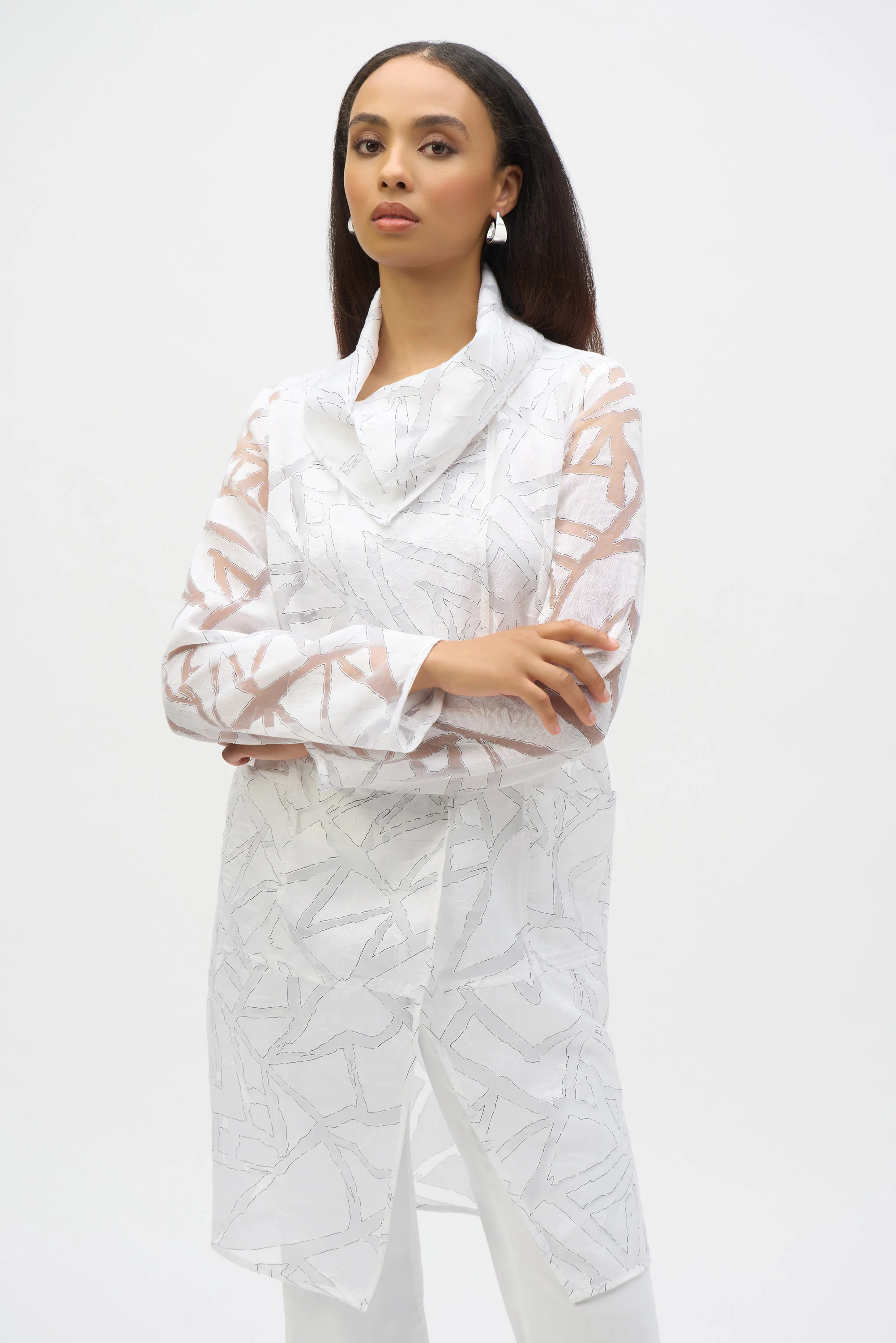Joseph Ribkoff White/Black Organza Abstract Print Cocoon Coat Style 252036