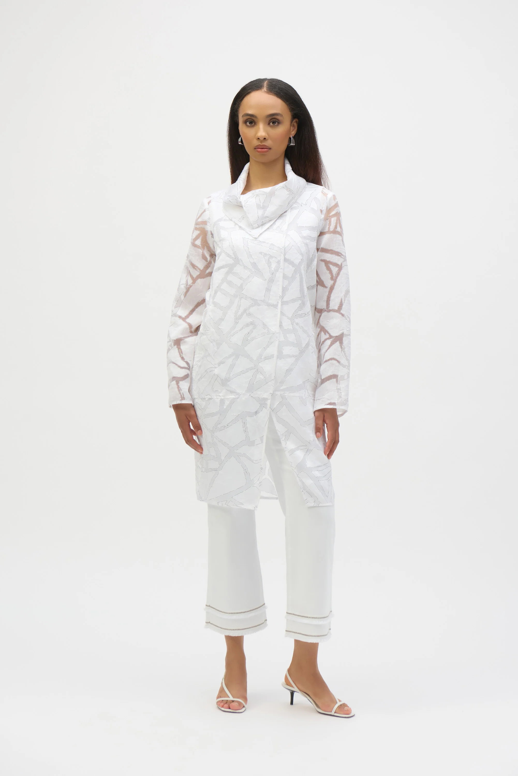 Joseph Ribkoff White/Black Organza Abstract Print Cocoon Coat Style 252036 - Image 2