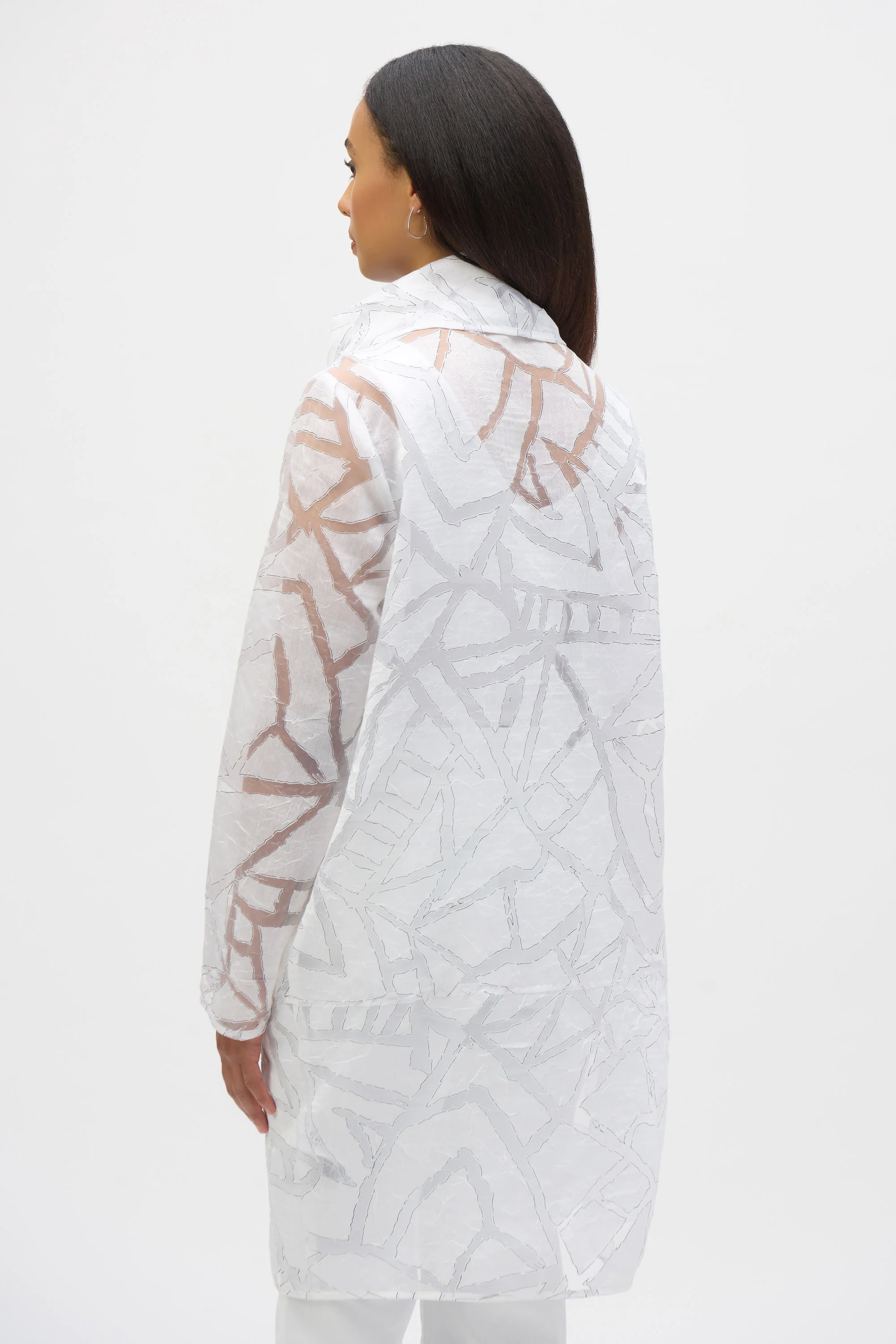 Joseph Ribkoff White/Black Organza Abstract Print Cocoon Coat Style 252036 - Image 4