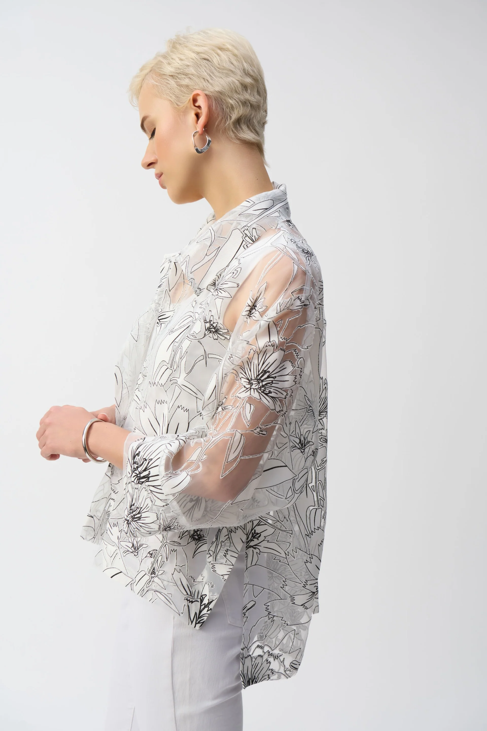 Joseph Ribkoff White/Black Organza Floral Print Boxy Cover-Up Style 251102 - Image 3