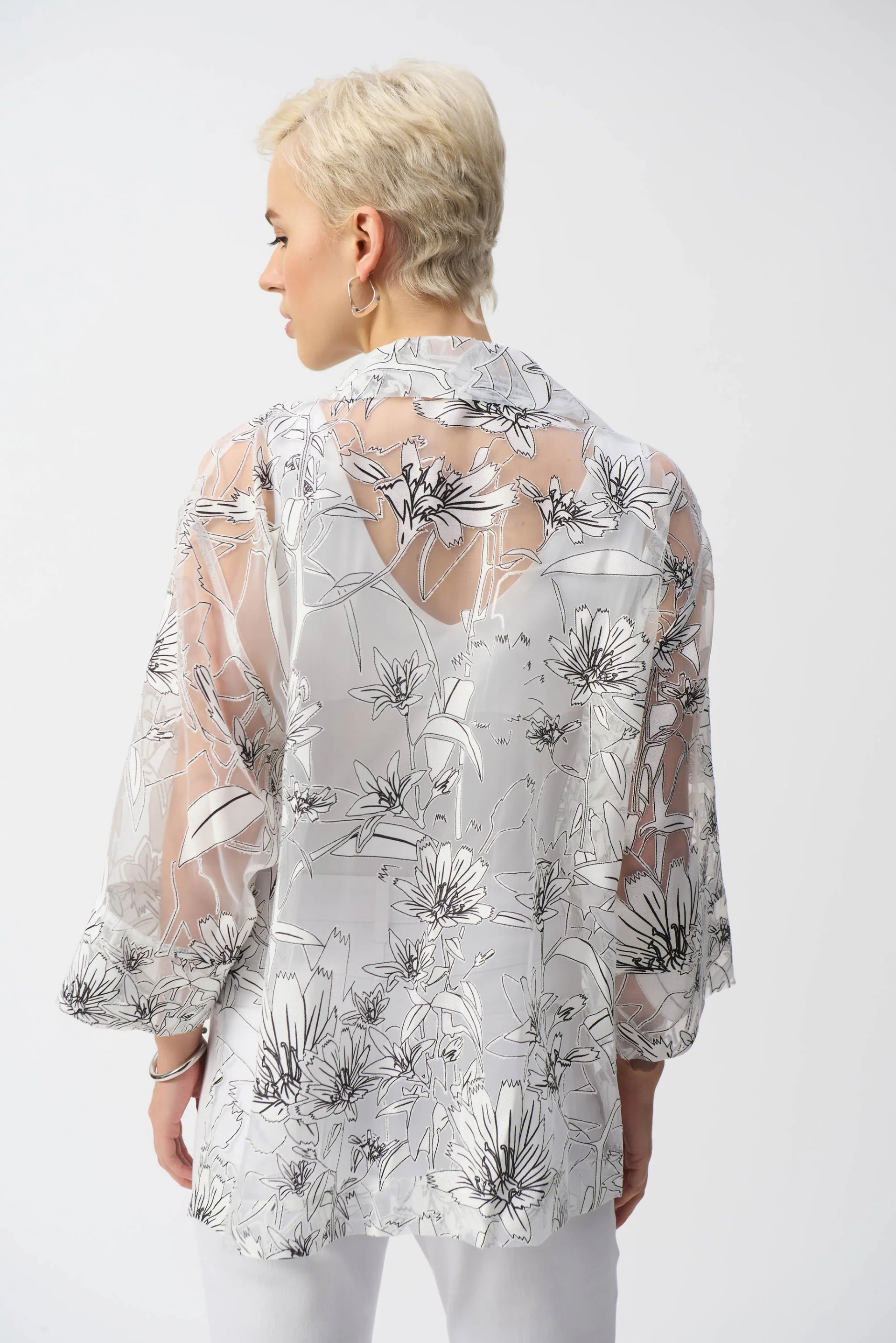 Joseph Ribkoff White/Black Organza Floral Print Boxy Cover-Up Style 251102 - Image 5
