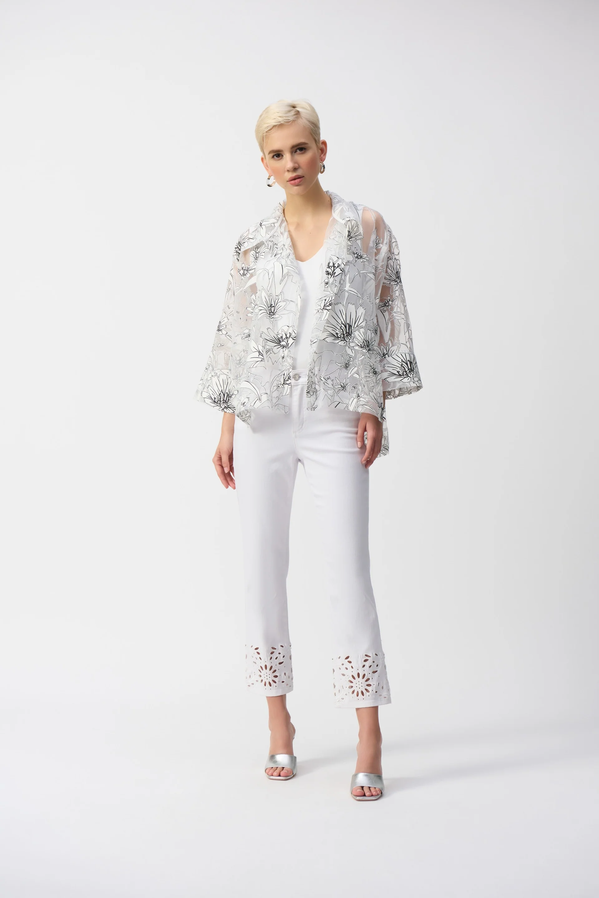 Joseph Ribkoff White/Black Organza Floral Print Boxy Cover-Up Style 251102 - Image 6