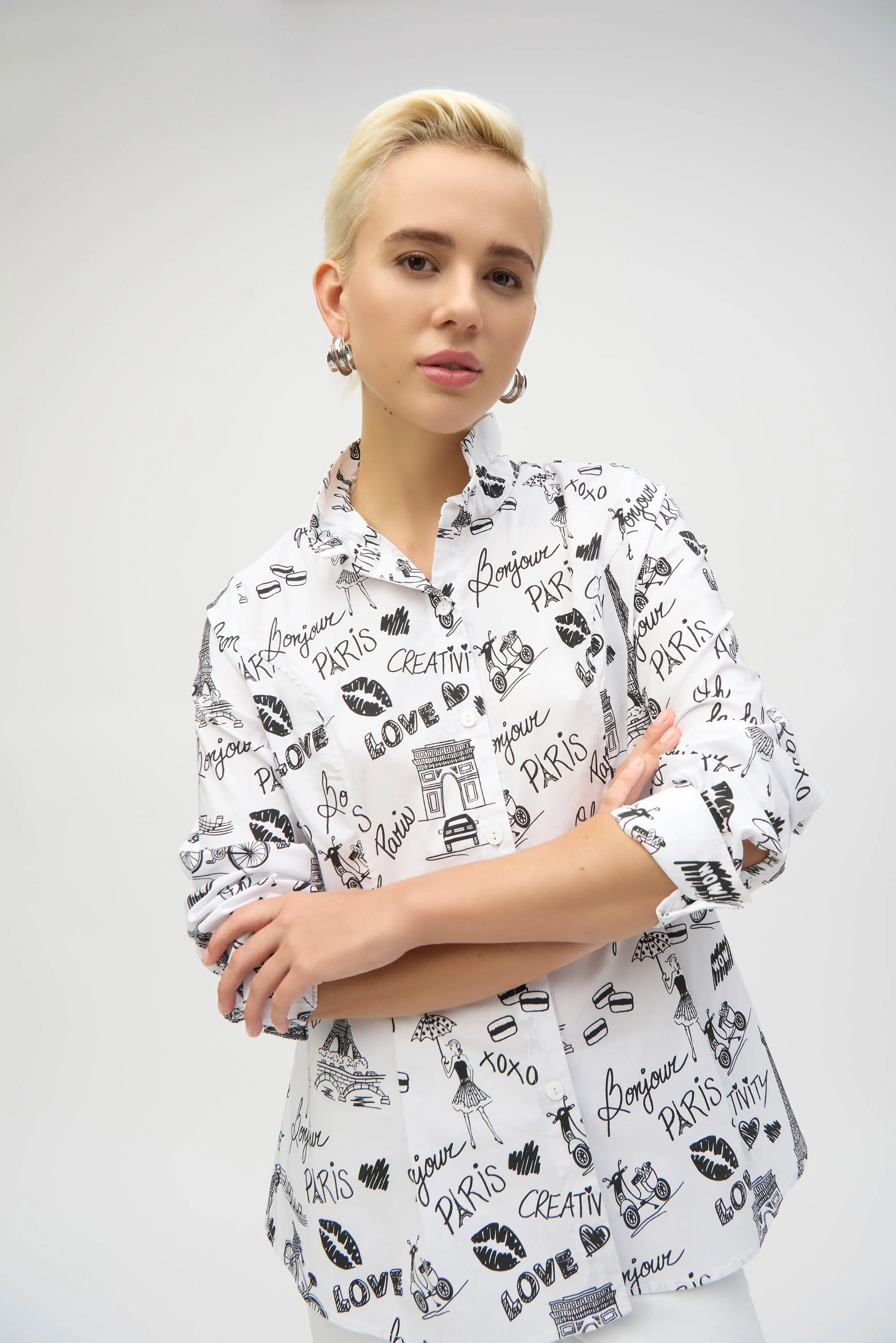 Joseph Ribkoff White/Black Woven Conversational Print Fit and Flare Blouse Style 252929