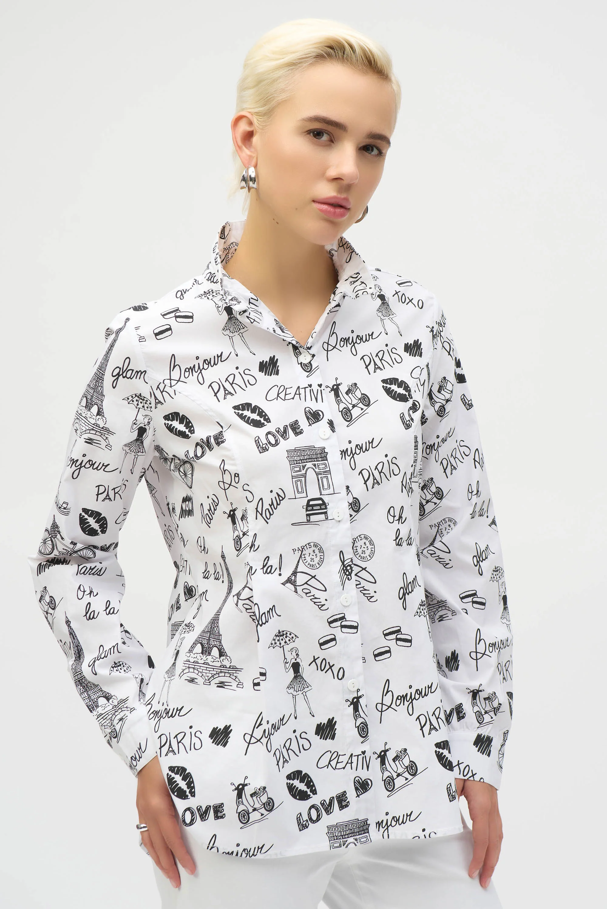 Joseph Ribkoff White/Black Woven Conversational Print Fit and Flare Blouse Style 252929 - Image 4