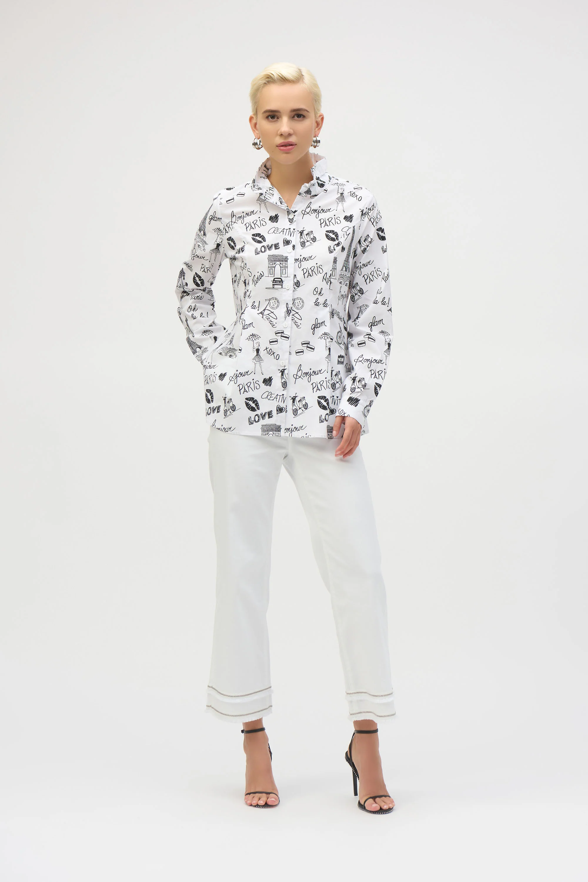 Joseph Ribkoff White/Black Woven Conversational Print Fit and Flare Blouse Style 252929 - Image 5