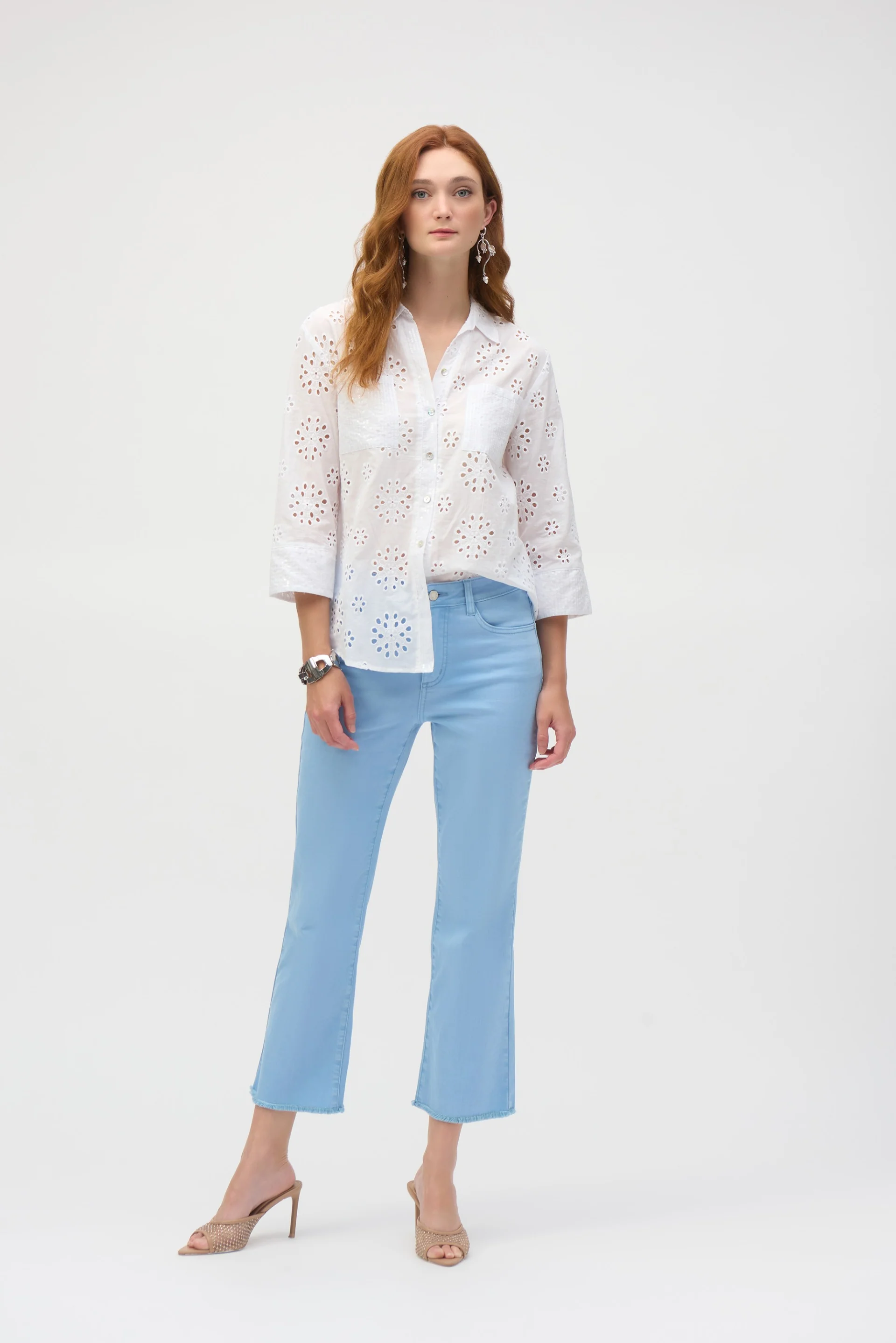 Joseph Ribkoff White Cotton Embroidered Eyelet Boxy Blouse Style 252928 - Image 2
