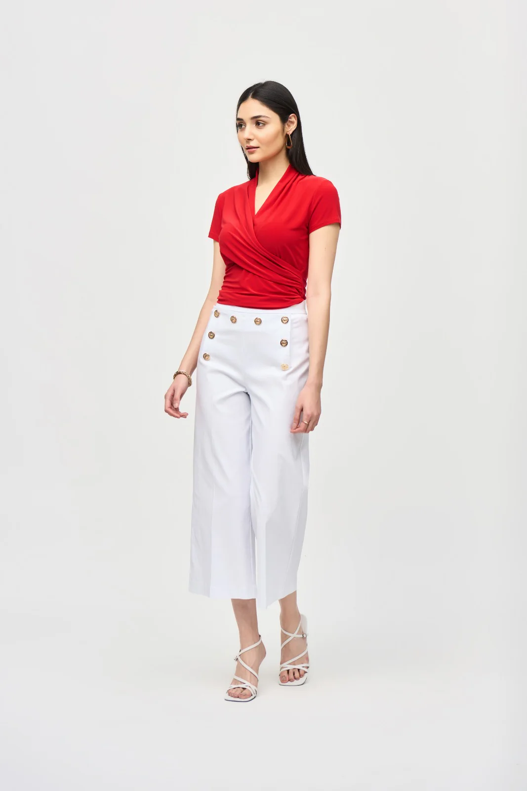 Joseph Ribkoff White Culotte Pants With Gold Buttons Style 241166 - Image 4