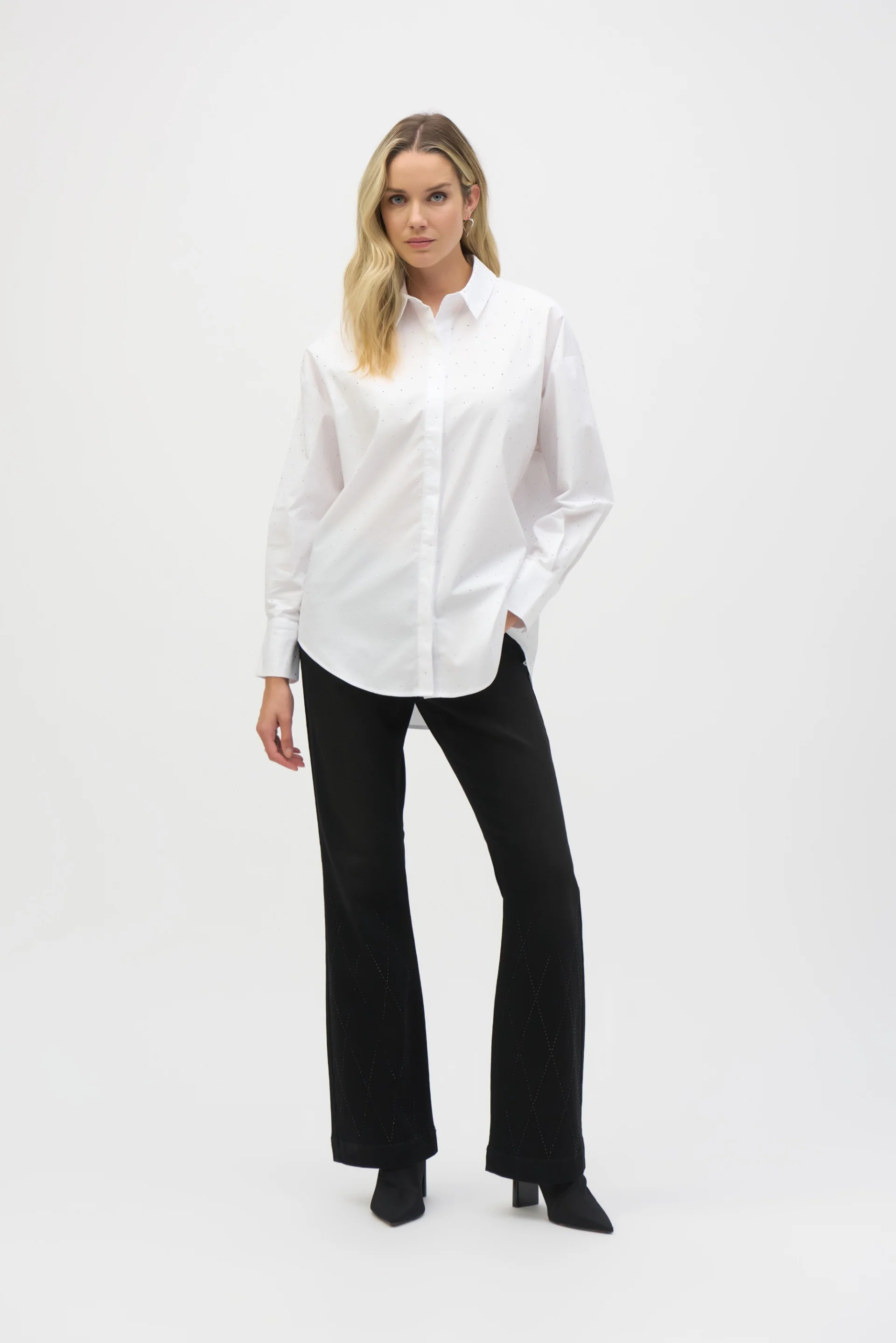 Joseph Ribkoff White Stretch Cotton Blouse With Rhinestones Style 244950 - Image 3
