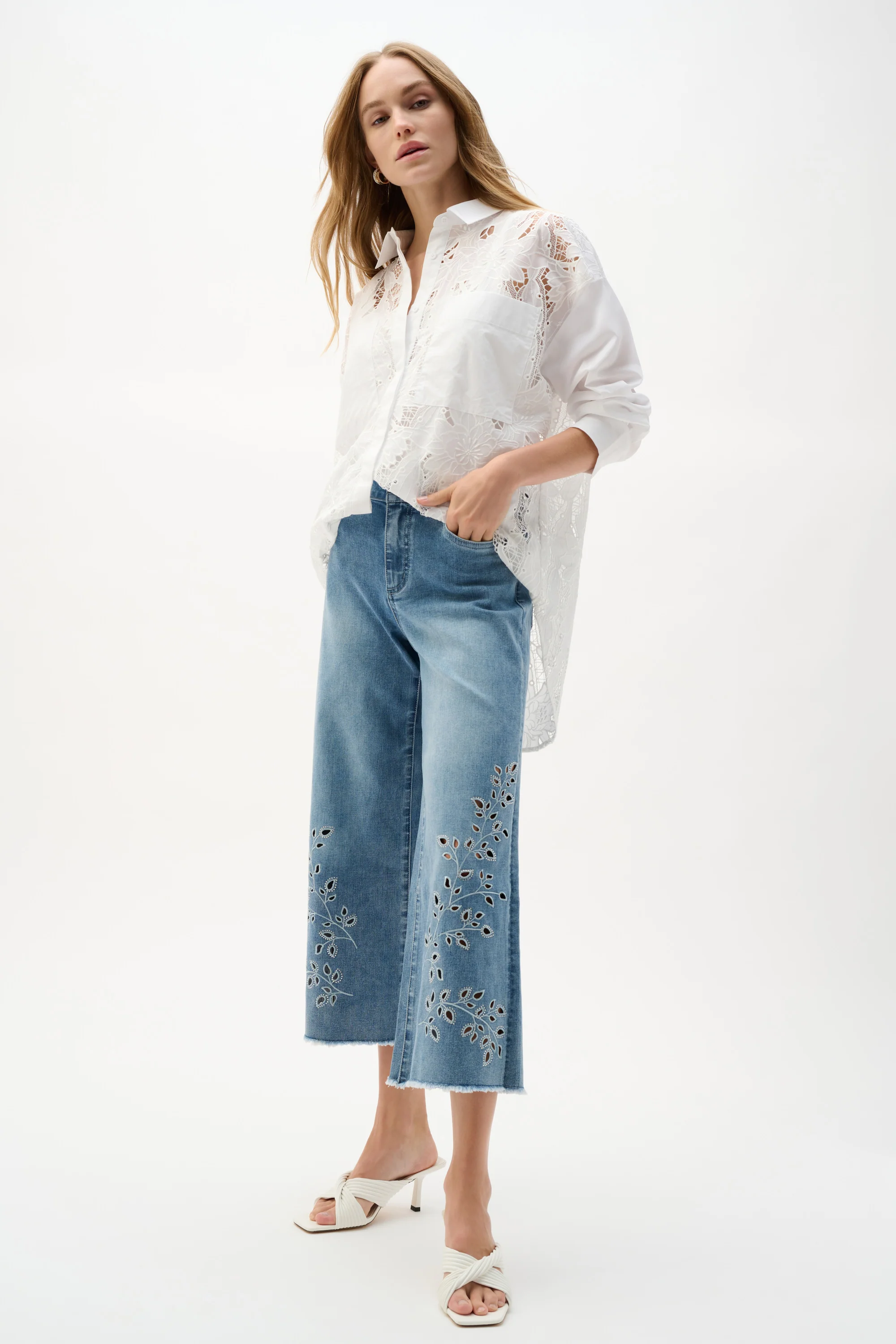 Joseph Ribkoff Wide Leg Crop Jeans With Embroidery Style 262915 - Image 3
