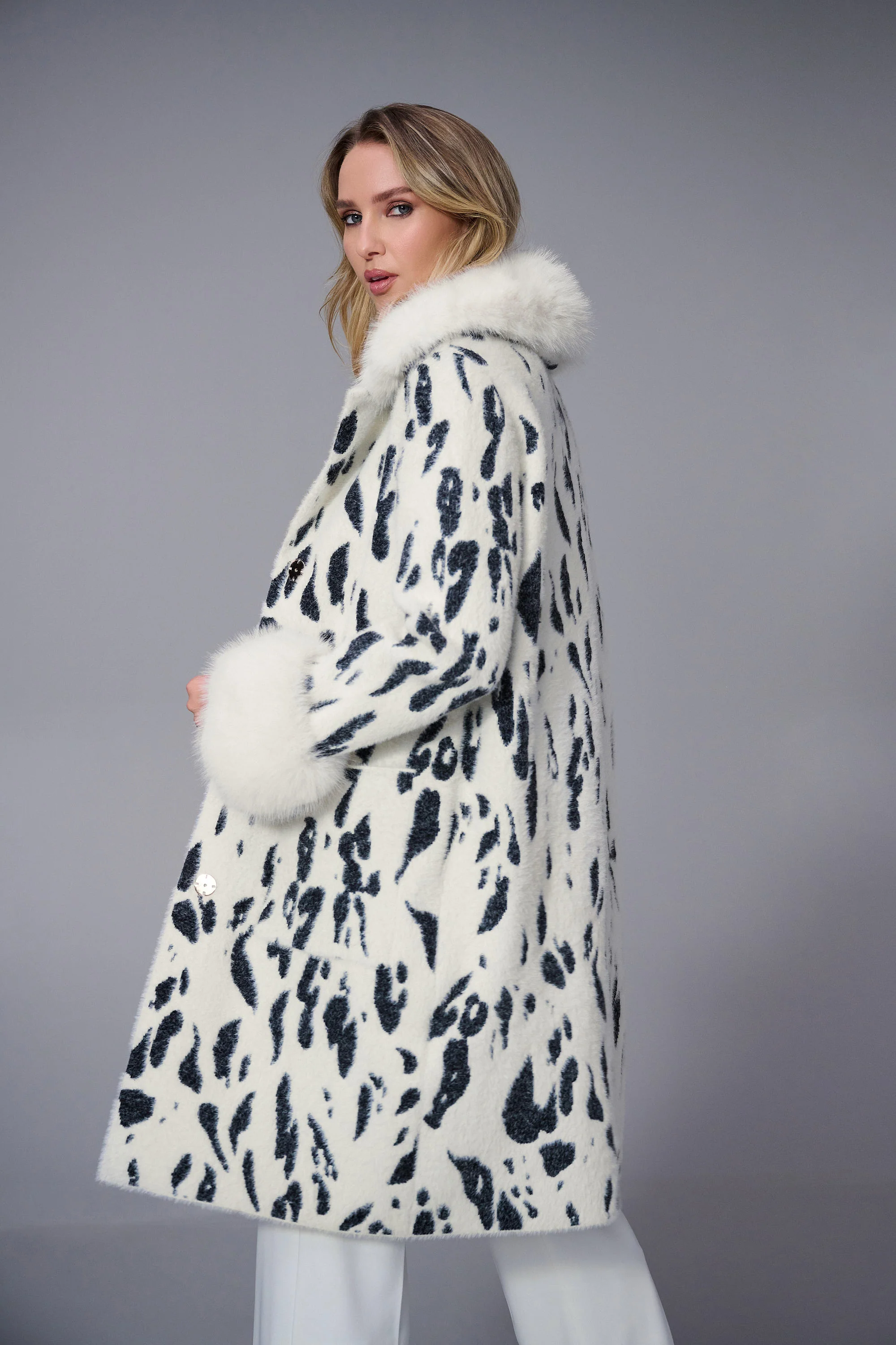 Joseph Ribkoff Animal Print Coat with Faux Fur Trim Style 253904 - Image 5