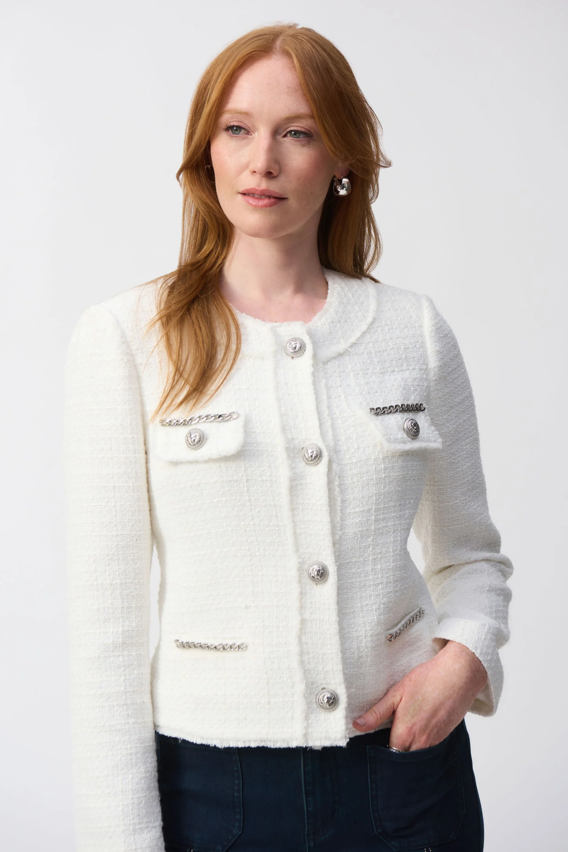Joseph Ribkoff Winter White Bouclé Jacket with Chain Detail Style 251972 - Image 2