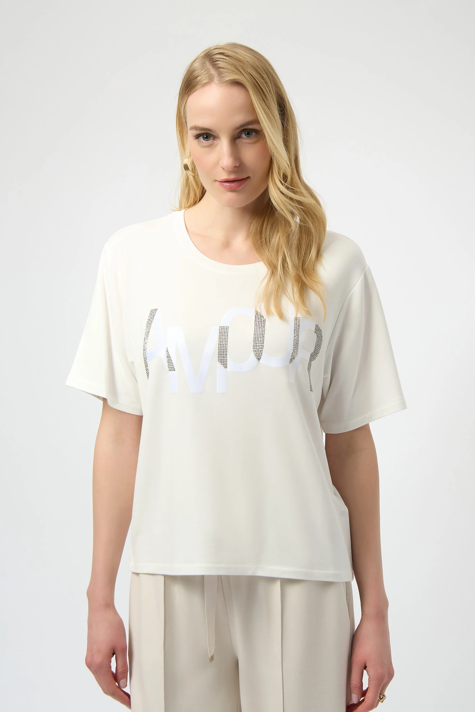 Joseph Ribkoff Winter White T-Shirt with Rhinestone Word Style 254958