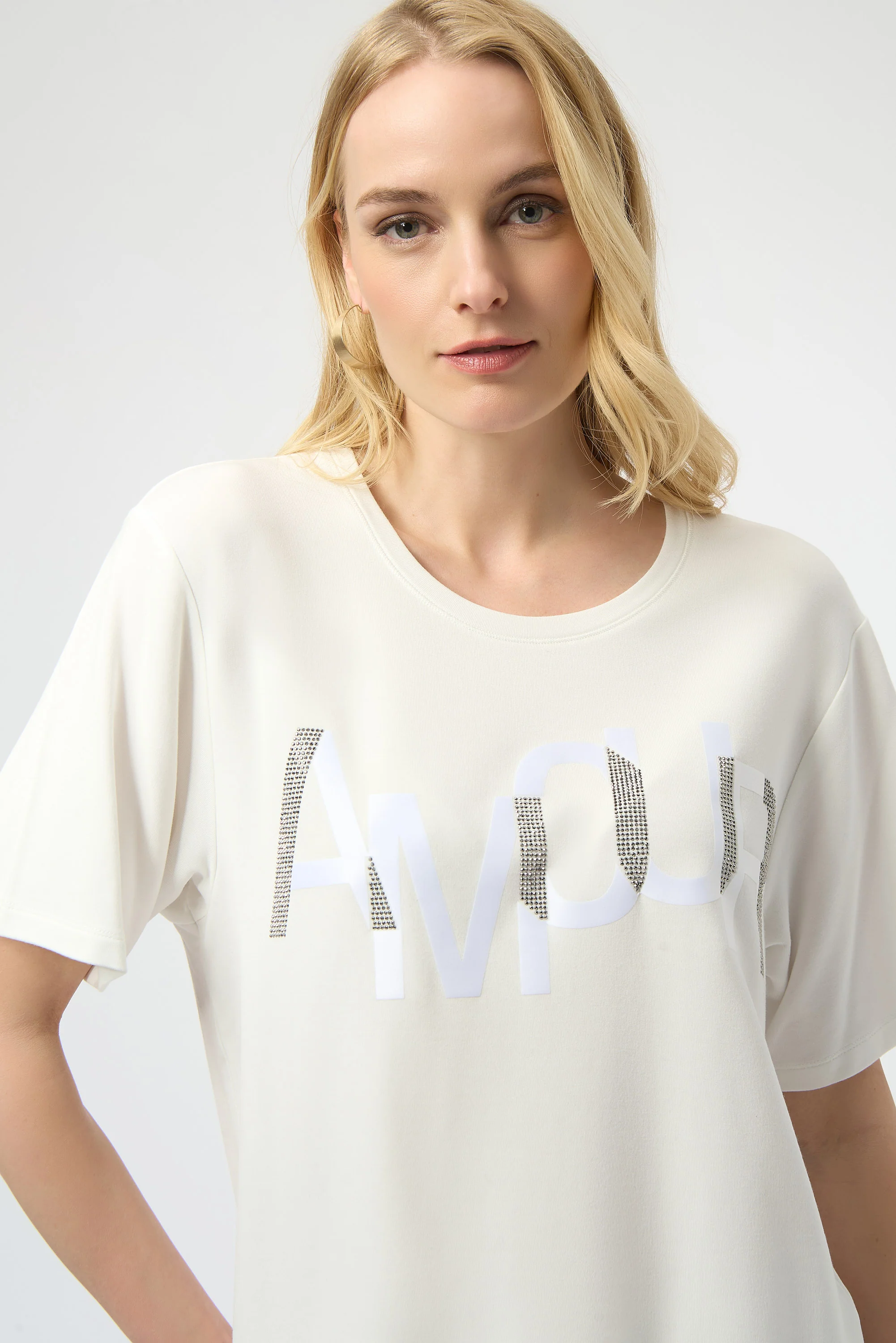 Joseph Ribkoff Winter White T-Shirt with Rhinestone Word Style 254958 - Image 2