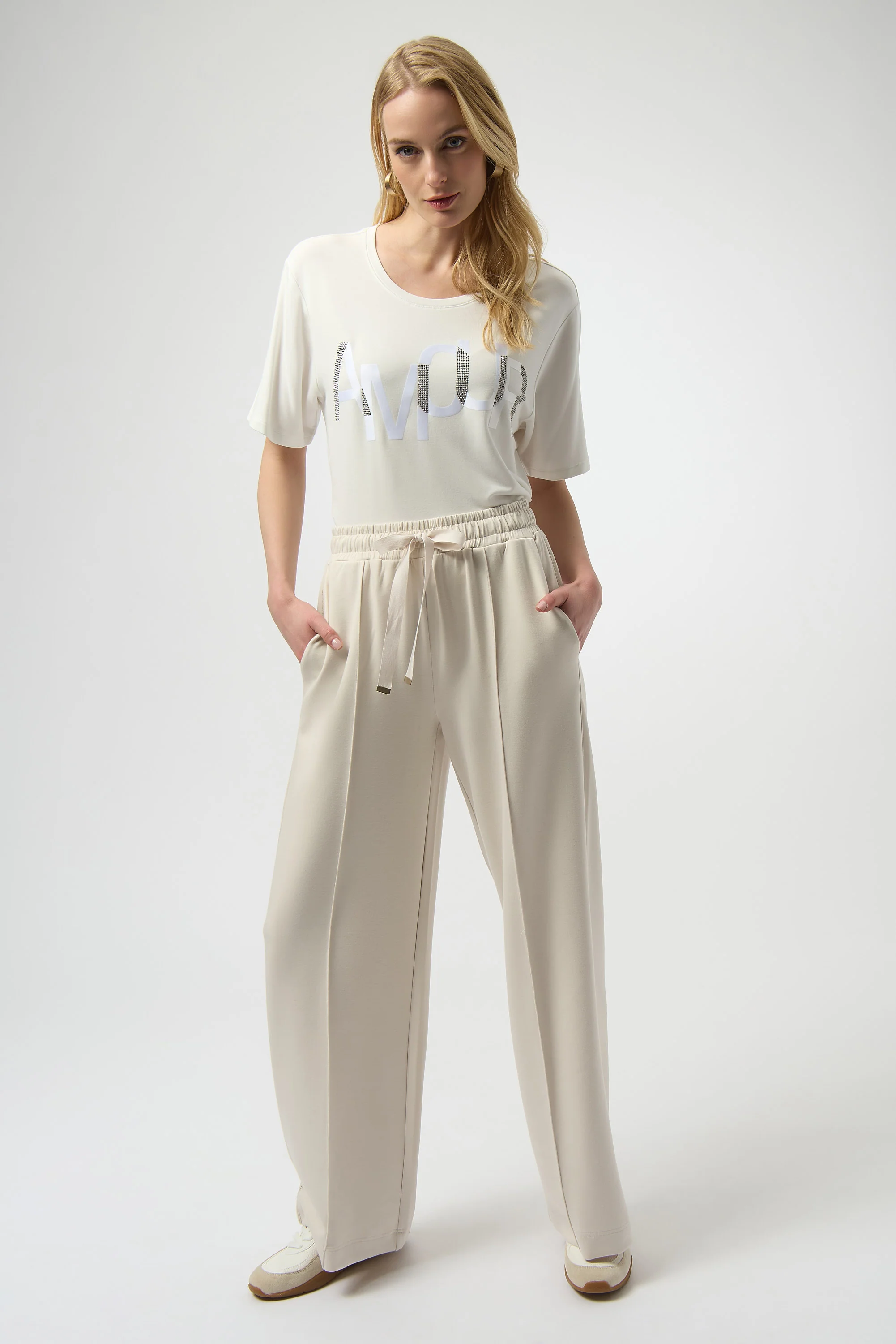 Joseph Ribkoff Winter White T-Shirt with Rhinestone Word Style 254958 - Image 4